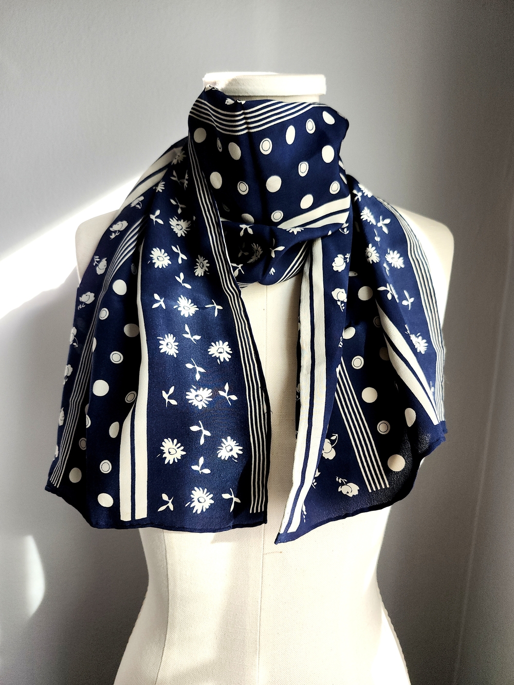 Vtg 90s Navy Cream Mixed Print Scarf Floral Dot Stripe Silk Hand Rolled 11"x49"